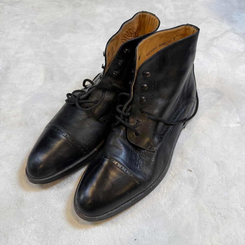 Mezlan Rome Mens Black Leather Cap Toe Brogue Lace Up Boots Made in Spain 10.5 M